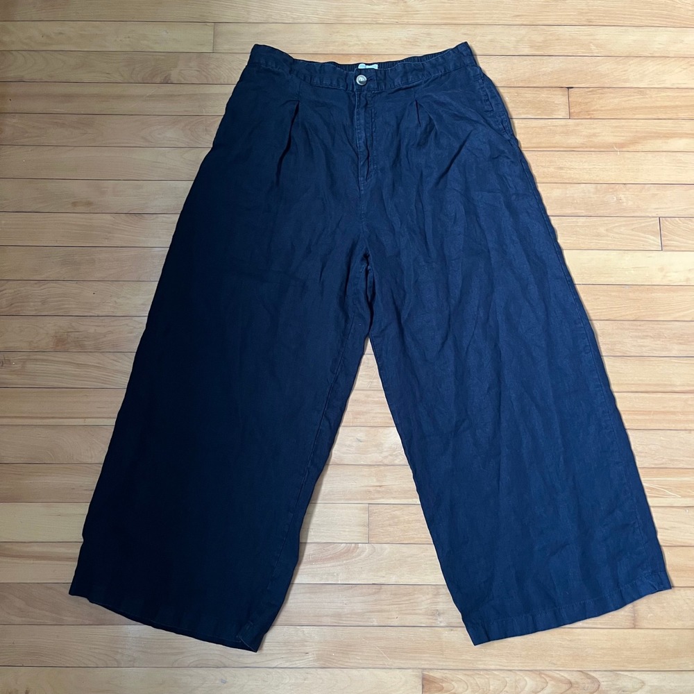 Halston Black 100% Linen Wide Leg Pleated Culotte Pants Womens XL Relaxed Fit
